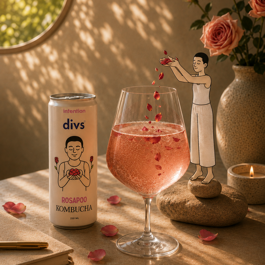 Can of divs Rosapoo Kombucha next to a glass of pink drink with rose petals on a table with decorative elements.
