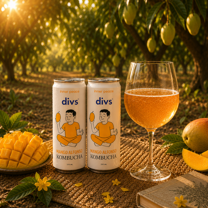 Two cans of divs Mango Kombucha with a glass of kombucha and mangoes in an orchard setting.