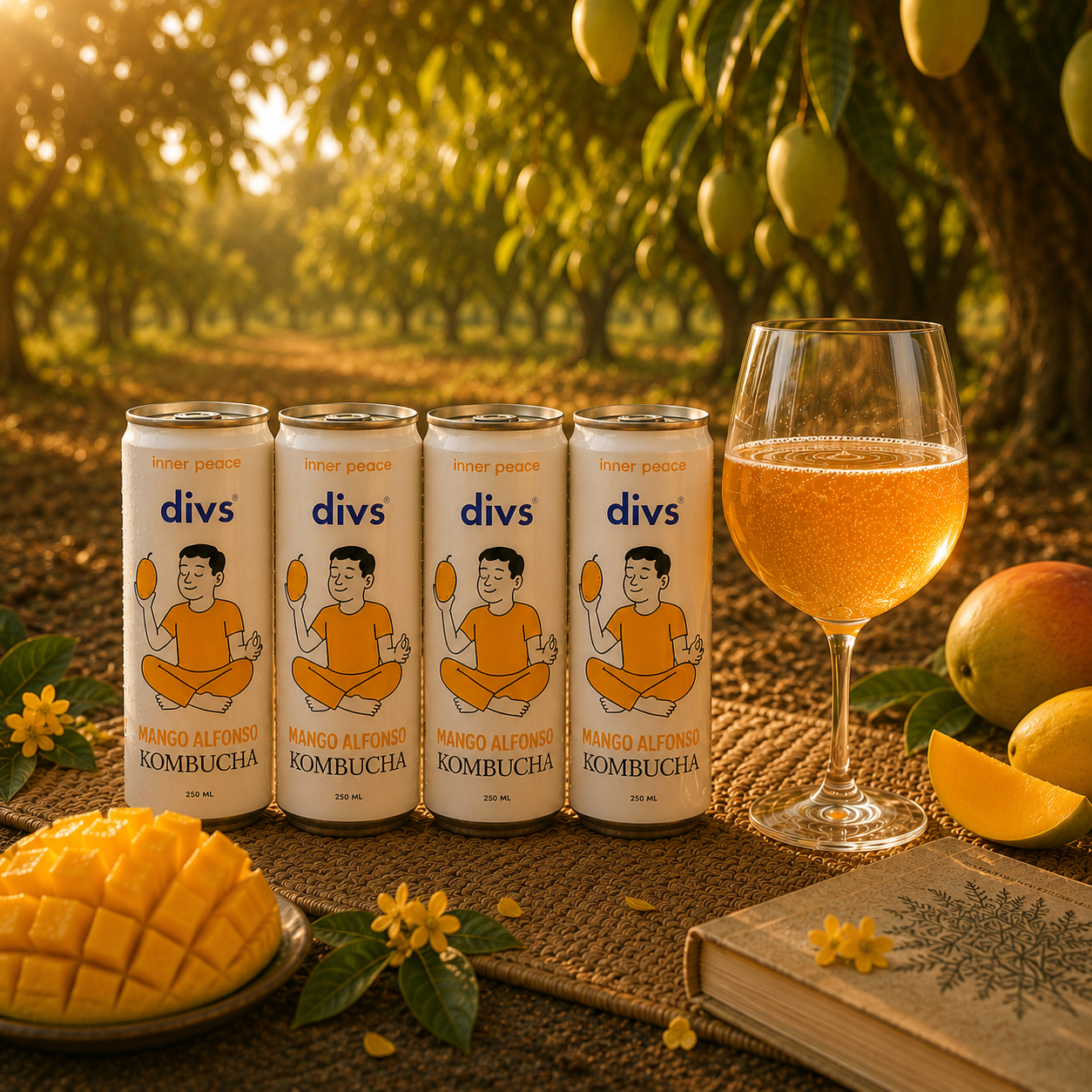 Cans of divs Mango Alphonso Kombucha with a glass of the drink and mangoes in an orchard setting.