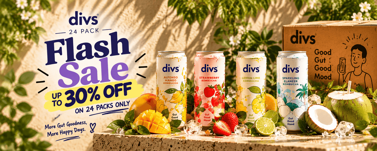 Divs 24 Pack Flash Sale – up to 30% off Alfonso Mango, Strawberry, Lemon Lime Kombucha and Sparkling Elaneer