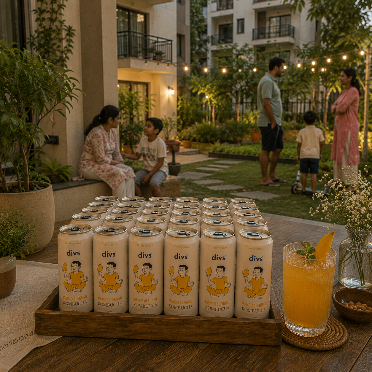 A tray of canned kombucha drinks labeled 'divs' sits on a table in a residential outdoor courtyard, with a glass of orange kombucha garnished with a citrus slice beside it. People are visible in the background, and the scene is styled with plants and evening lighting.