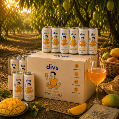 Box of divs Mango Alonso Kombucha cans with a glass of kombucha and mangoes in an orchard setting.